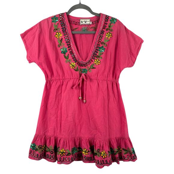 Zen Ethic Embroidered Mini Dress Size Small Pink Ruffle Dress Tunic Hippie Boho - Picture 1 of 10
